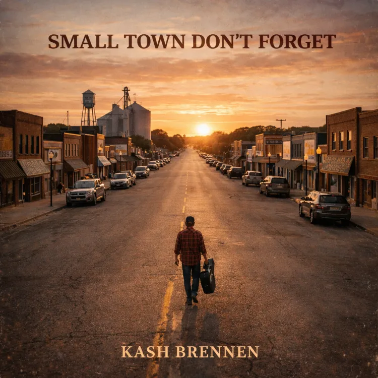 Kash Brennen walking down a small-town main street at sunset, guitar case in hand
